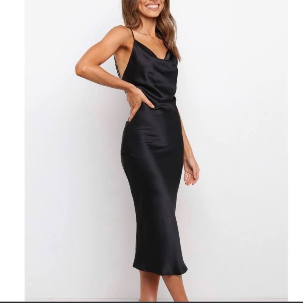Chaser black silk midi cowl neck dress